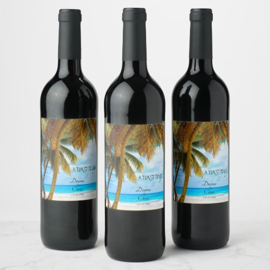 Beach, Palm Trees, Ocean Wedding Wijn Etiket (Flessen)