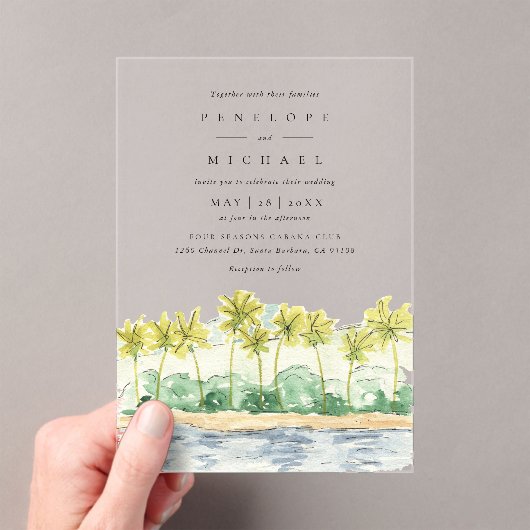 Beach Palm Trees Tropical Waterverf Wedding Acryl Uitnodigingen (Insitu (Draagbaar))