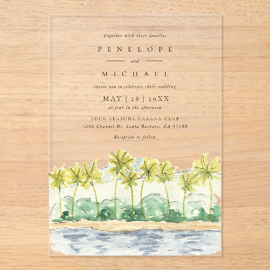 Beach Palm Trees Tropical Waterverf Wedding Acryl Uitnodigingen (Voorkant)