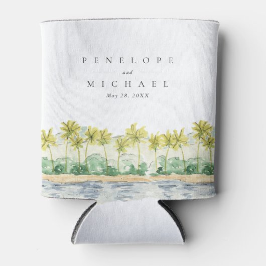 Beach Palm Trees Tropical Waterverf Wedding Blikjeskoeler (Voorkant)