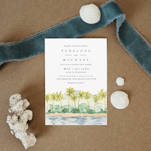 Beach Palm Trees Tropical Waterverf Wedding Kaart