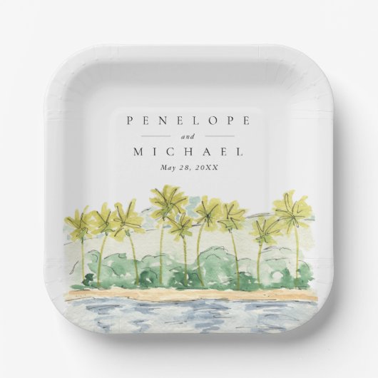 Beach Palm Trees Tropical Waterverf Wedding Papieren Bordje (Voorkant)