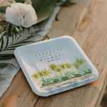 Beach Palm Trees Tropical Waterverf Wedding Papieren Bordje<br><div class="desc">Deze moderne en chique borden en kommen van papierfeesten zijn voorzien van elegante typografie rondom een prachtig waterverf schilderij van tropische palmbomen. Schilderij geïnspireerd op de kustlijn van Santa Barbara. Volledige bijpassende trouwsuite beschikbaar.</div>