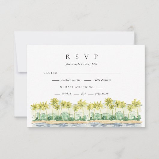 Beach Palm Trees Tropical Waterverf Wedding RSVP Kaartje (Voorkant)