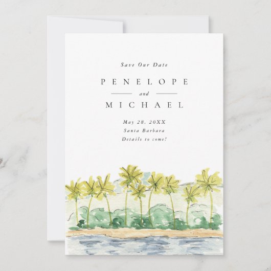 Beach Palm Trees Tropical Waterverf Wedding Save The Date (Voorkant)