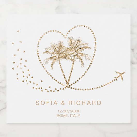 Beach Palm Wedding Destination Passport Wereldkaar Sparkling Wijnetiket (Enkel label)