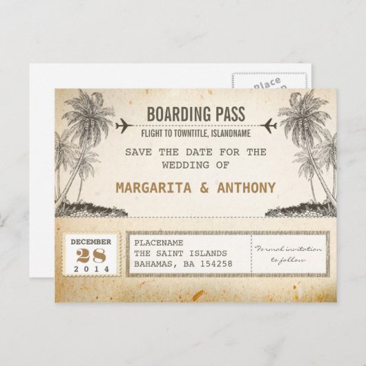 Beach Palms Boarding Pass Bewaar de datum Aankondigingskaart (Voorkant / Achterkant)