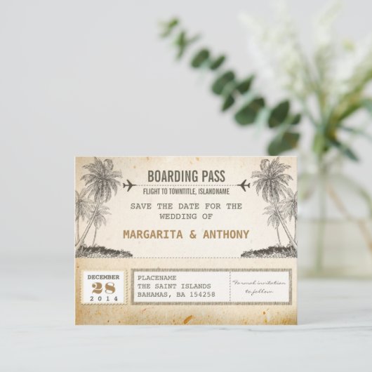 Beach Palms Boarding Pass Bewaar de datum Aankondigingskaart (Staand voorkant)