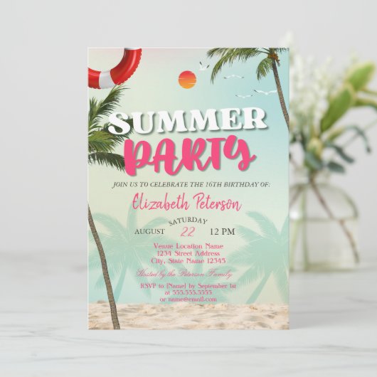 Beach Palms Summer Party Verjaardag Uitnodiging (Staand voorkant)