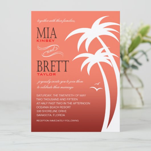 Beach Palms Tropical Wedding FELT | koraal Kaart (Staand voorkant)