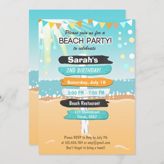 Beach Party Beach verjaardag Uitnodiging Strand (Voorkant / Achterkant)