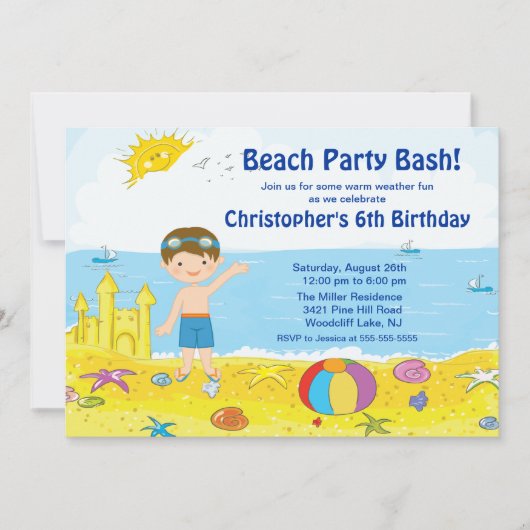 Beach Party Boy Swimming Birthday Invitation Kaart (Voorkant)