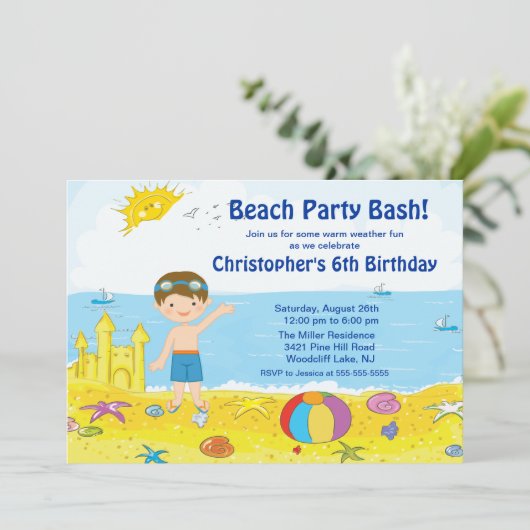 Beach Party Boy Swimming Birthday Invitation Kaart (Staand voorkant)