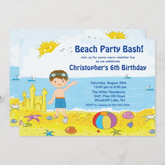 Beach Party Boy Swimming Birthday Invitation Kaart (Voorkant / Achterkant)