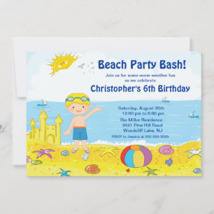 Beach Party Boy Swimming Birthday Invitation Kaart