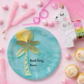 Beach Party Bunco Blauw Waterverf Gouden Palm Papieren Bordje (Feest)