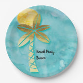 Beach Party Bunco Blauw Waterverf Gouden Palm Papieren Bordje (Voorkant)