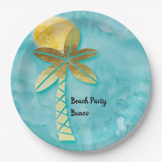 Beach Party Bunco Blauw Waterverf Gouden Palm Papieren Bordje (Voorkant)