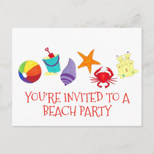 Beach Party Crab Starfish Sun Invitation Shell Uitnodiging Briefkaart