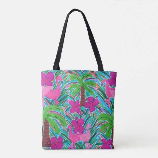 Beach Party Flamingos and Palms Pattern Canvas tas (Achterkant)