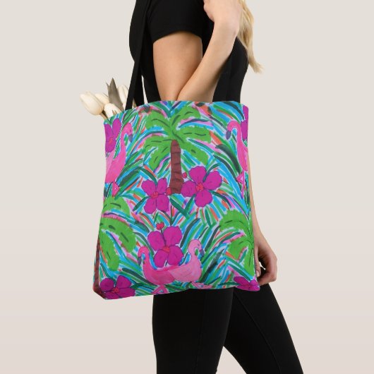 Beach Party Flamingos and Palms Pattern Canvas tas (Dichtbij)