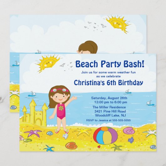 Beach Party Girl Swimming Birthday Invitation Kaart (Voorkant / Achterkant)