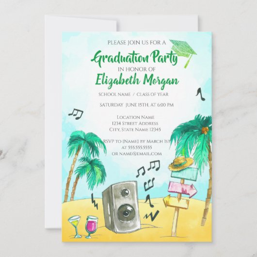 Beach Party Glitter Afstudeerder Pet, Afstuderen Kaart (Voorkant)