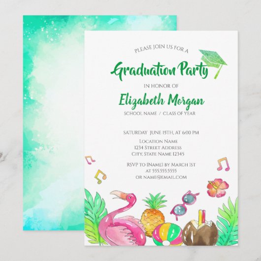 Beach Party Groene Glitter Afstudeerder Pet, Afstu Kaart (Voorkant / Achterkant)