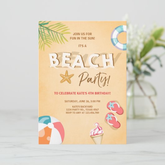 Beach Party Invitation Beach Verjaardag BBQ Zomer Kaart (Staand voorkant)