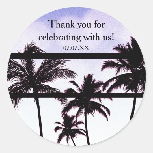 Beach Party Palm Trepical Paars Glam Favor Ronde Sticker (Voorkant)