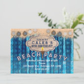 BEACH PARTY Retro Blue Waves Verjaardag Uitnodigin Kaart (Staand voorkant)