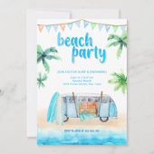 Beach Party Retro Van, Surfboard Invitation Kaart (Voorkant)