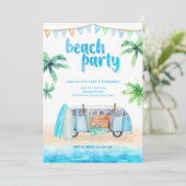Beach Party Retro Van, Surfboard Invitation Kaart (Staand voorkant)