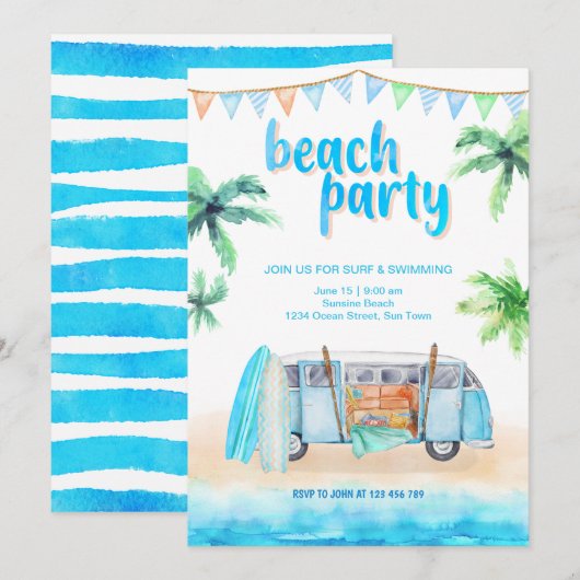 Beach Party Retro Van, Surfboard Invitation Kaart (Voorkant / Achterkant)