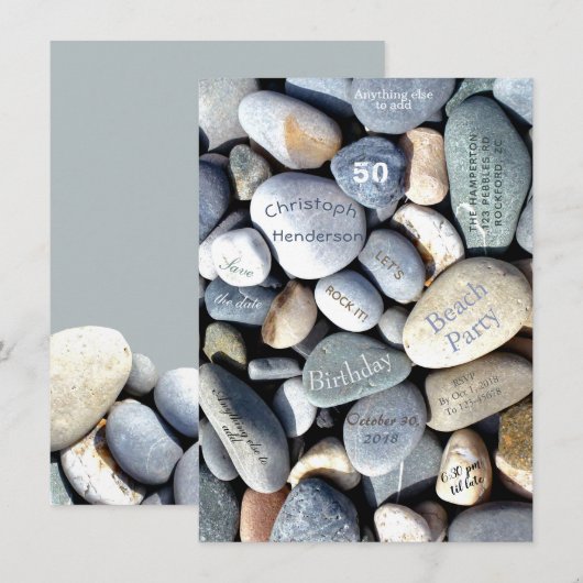 Beach Party Rustic Pebbles Stylish 50th Birthday Save The Date (Voorkant / Achterkant)