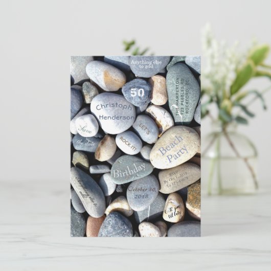 Beach Party Rustic Pebbles Stylish 50th Birthday Save The Date (Staand voorkant)