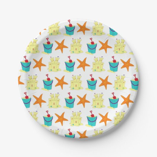 Beach Party Sandcastle Starfish Sand Bucket Papieren Bordje (Voorkant)