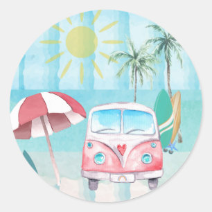 Beach Party Summer Fun Ocean and Palm Trees  Ronde Sticker