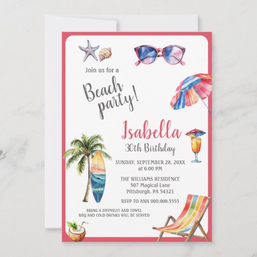 Beach Party Tropical Summer Invitation Kaart (Voorkant)