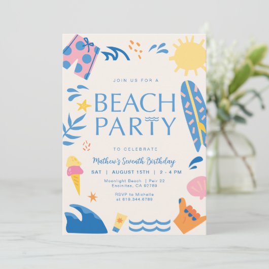 Beach Party uitnodiging | Zon en Surf Feest Uitnod (Staand voorkant)
