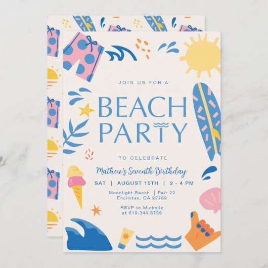 Beach Party uitnodiging | Zon en Surf Feest Uitnod (Voorkant / Achterkant)