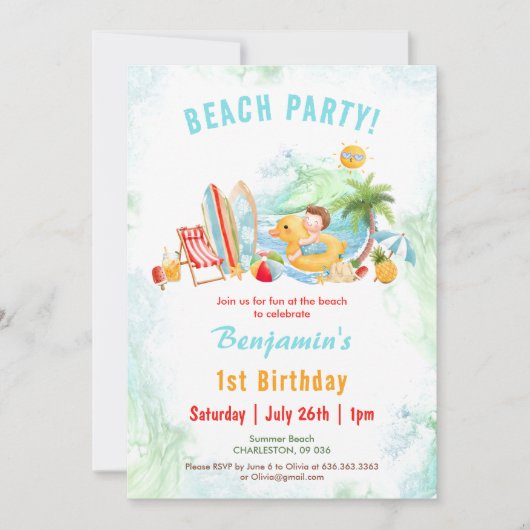 Beach Party Zomer 1e Verjaardag Jongen Uitnodiging (Voorkant)