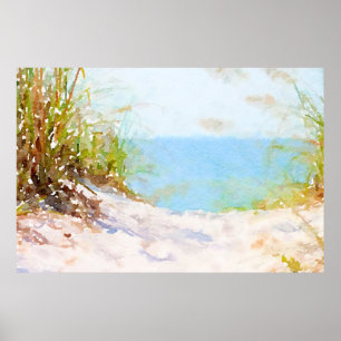 Beach Path Ocean Grass Waterverf Poster