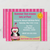 Beach Penguin Pink Girls Birthday Uitnodiging (Voorkant / Achterkant)