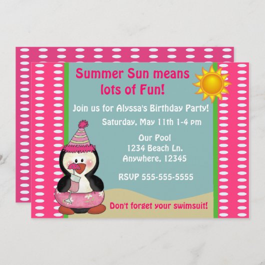 Beach Penguin Pink Girls Birthday Uitnodiging (Voorkant / Achterkant)