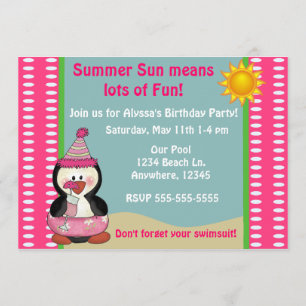 Beach Penguin Pink Girls Birthday Uitnodiging