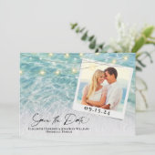 Beach Photo Palm String Lights Destination Wedinat Save The Date (Staand voorkant)