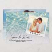 Beach Photo Palm String Lights Destination Wedinat Save The Date (Voorkant / Achterkant)