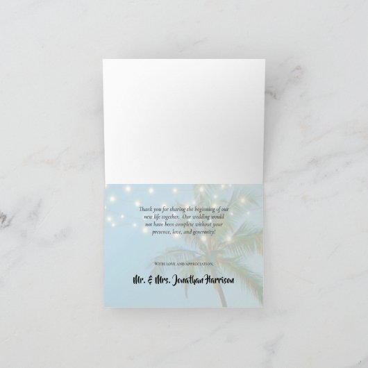 Beach Photo Palms String Lights Weddenschap Bedank Bedankkaart (Binnen)