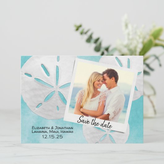 Beach Photo Sand Dollars Zee Blue Destination Save The Date (Staand voorkant)